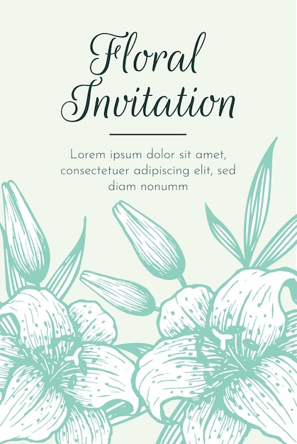 Elegant invitation card for celebrating wedding, birthday with lilies flowers and leaves.