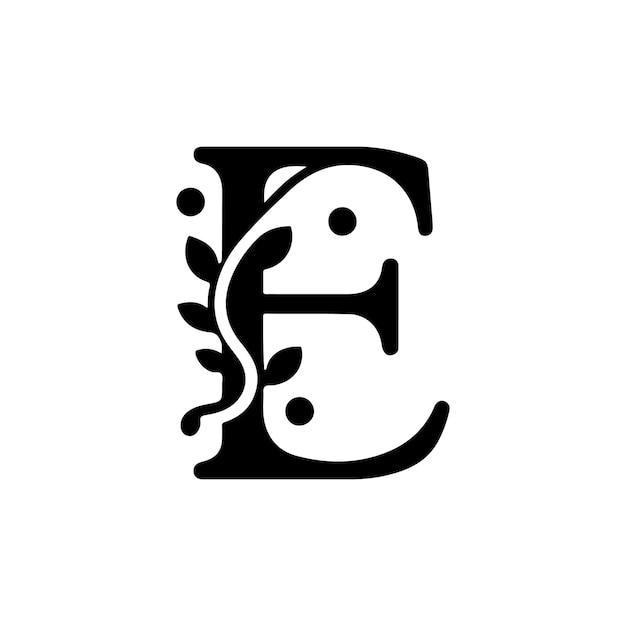 Vector elegant letter e silhouette with vine designs ideal for organic and sustainable products