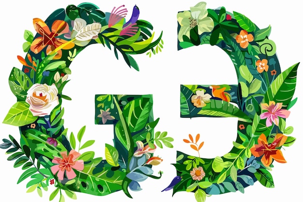 Elegant Letter G and Word Garden Floral Vector Clipart