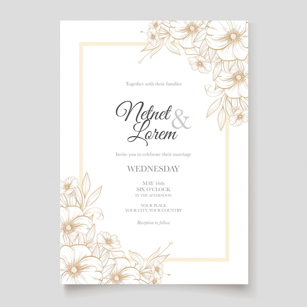 elegant line art wedding card with beautiful floral and leaves template