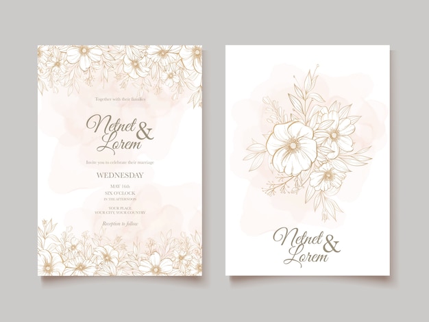 elegant line art wedding card with beautiful floral and leaves template