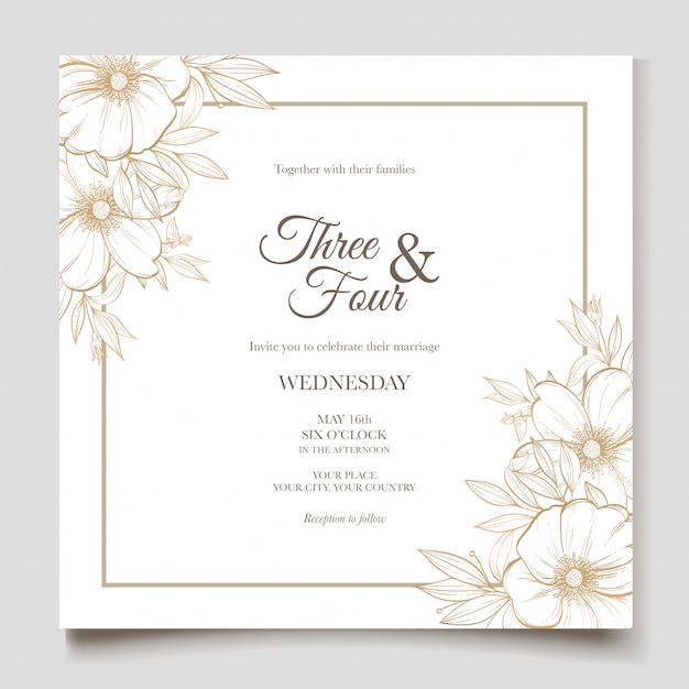 elegant line art wedding card with beautiful floral and leaves template