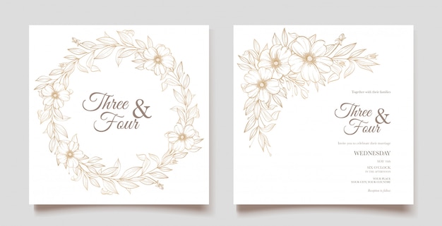 elegant line art wedding card with beautiful floral and leaves template