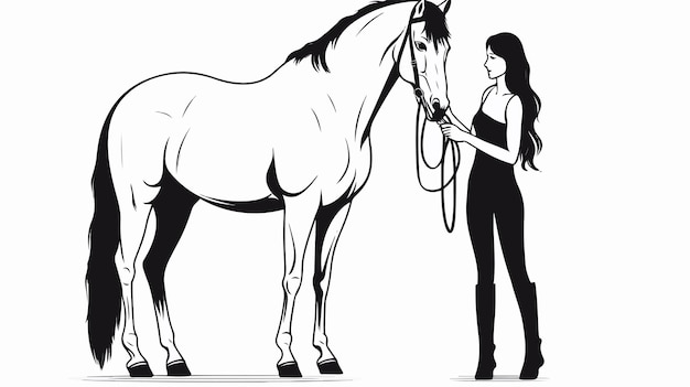 Vector elegant line drawing of a woman and horse standing together