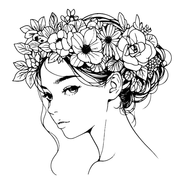 Elegant linear minimalistic portrait young beautiful woman flowers in hair created from black lines