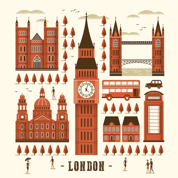 Elegant London attractions collection in flat style