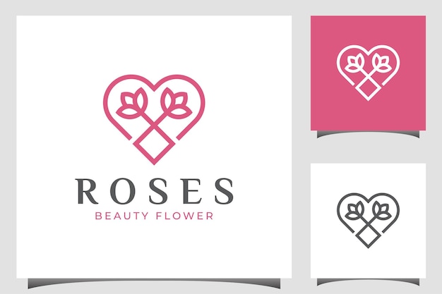 Elegant love rose modern logo with heart, flower icon symbol for decoration, wedding, floral care logo