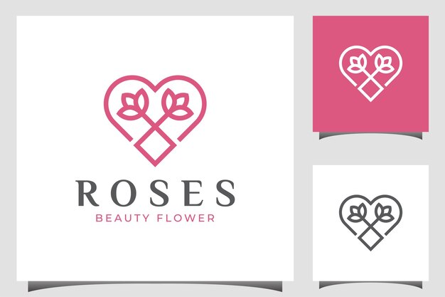 Vector elegant love rose modern logo with heart, flower icon symbol for decoration, wedding, floral care logo