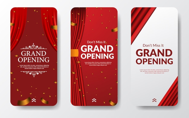 Elegant luxury grand opening or reopening event social media stories template for announcement marketing with red curtain stage and bullhorn speaker