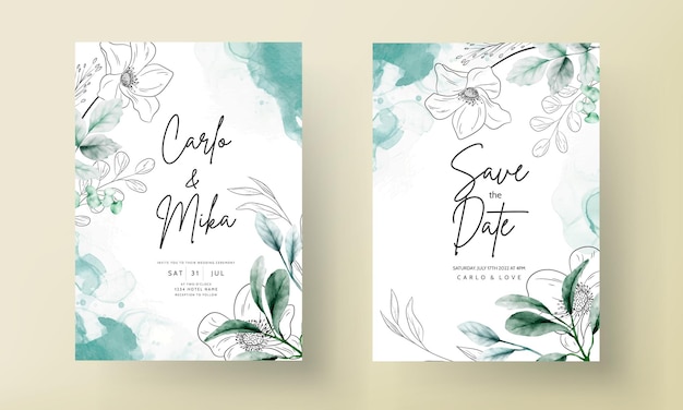 elegant minimal flower with watercolor wedding card template