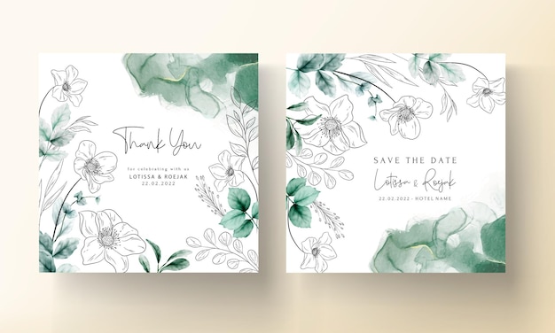 elegant minimal flower with watercolor wedding card template