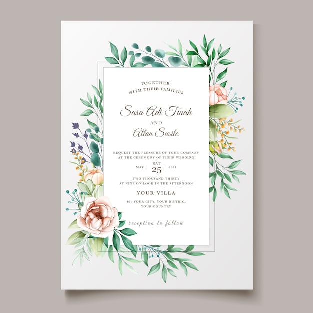 Elegant minimalistic floral wedding invitation template