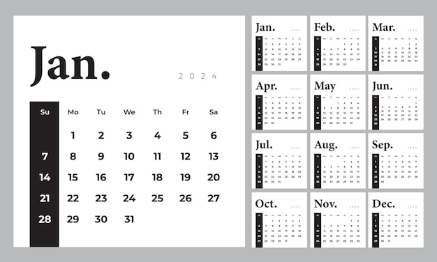 Elegant monthly calendar template for 2024 year English calendar Week starts on Sunday