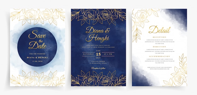 Elegant navy blue watercolor and gold line floral on wedding card template