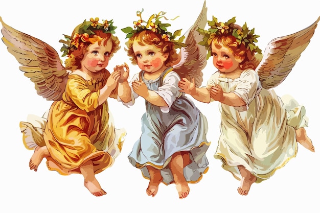 Elegant New Year Card with Three Angels Single Clipart Isolated