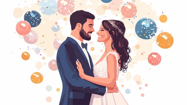 Vector elegant newlywed midadult bride and groom portrait