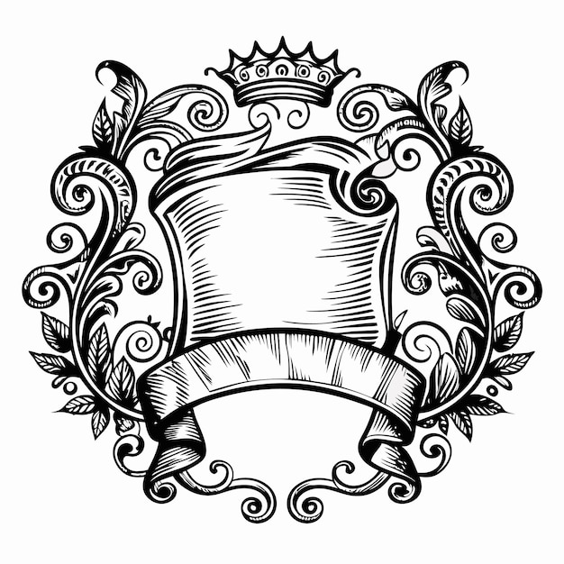 Vector elegant ornate scrollwork emblem with blank shield and crown