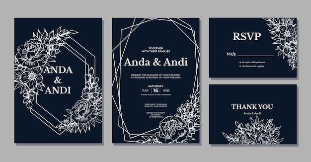 Elegant outline flower wedding invitation template