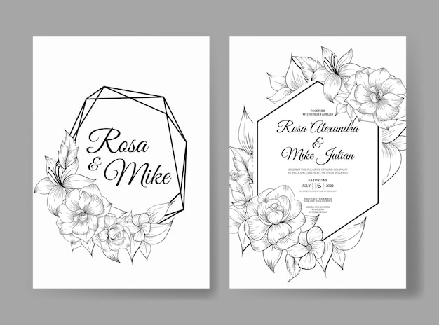 Elegant outline flower wedding invitation template