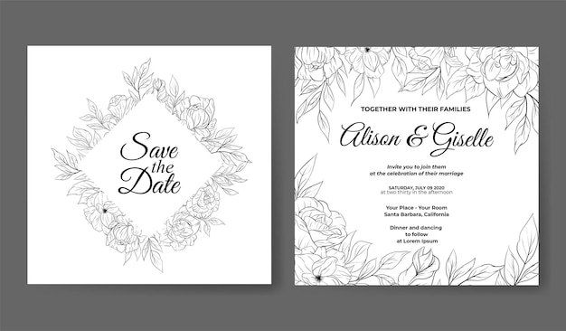 Elegant outline flower wedding invitation template