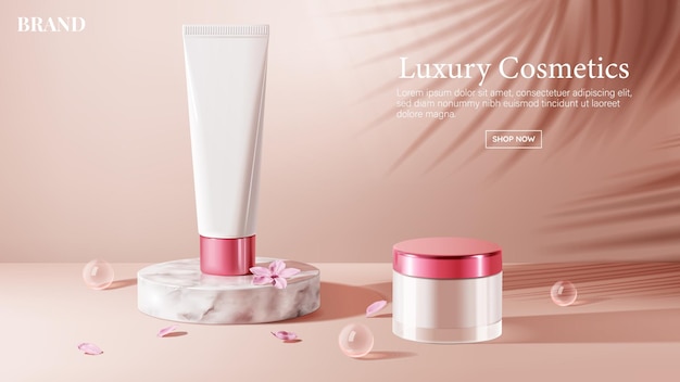 Elegant packaging on white marble cylinder podium, with cherry blossom petals, ball glass and shadow in 3d