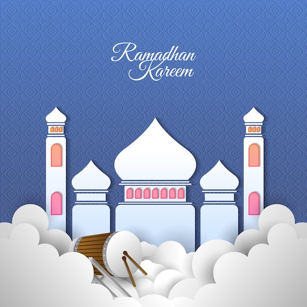 Elegant paper style mosque blue background for islamic greeting design