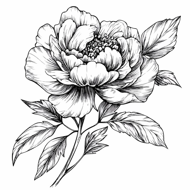 Vector elegant peony flower and leaves vector drawing