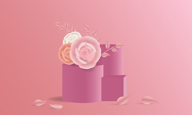 Elegant pink paper flowers and stage column in 3d illustration