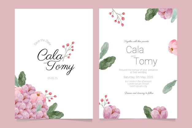 Elegant pink and purple flower watercolor on wedding invitation background