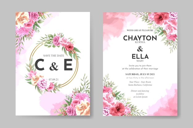 Elegant pink rose floral wedding invitation card template