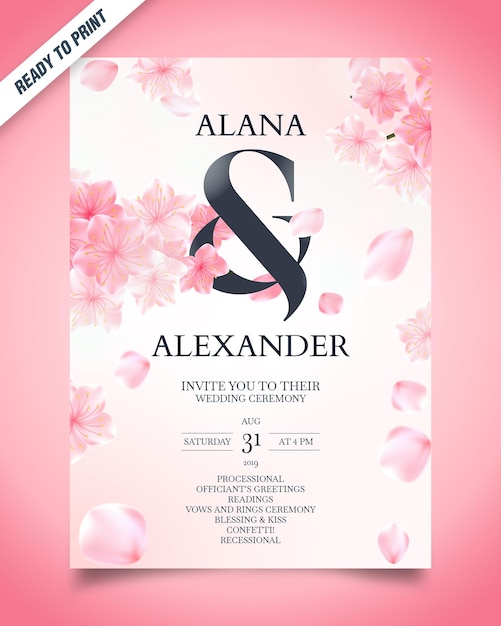 Elegant pink rose floral wedding invitation card vector template