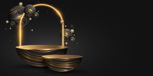 Elegant podium with dynamic 3d spheres textured with golden striped pattern Glowing sparkling neon arc with magical dust Pedestal with luxury bubbles to display your products Vector illustration