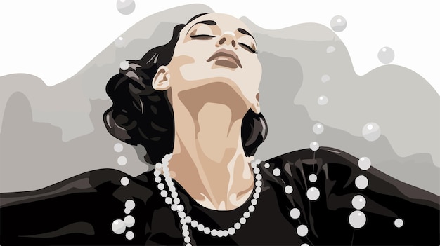 Vector elegant pretty girl in black dress with white pearls