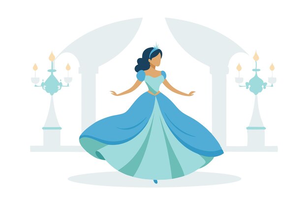 Vector elegant princess in blue dress dancing in a castle illustration