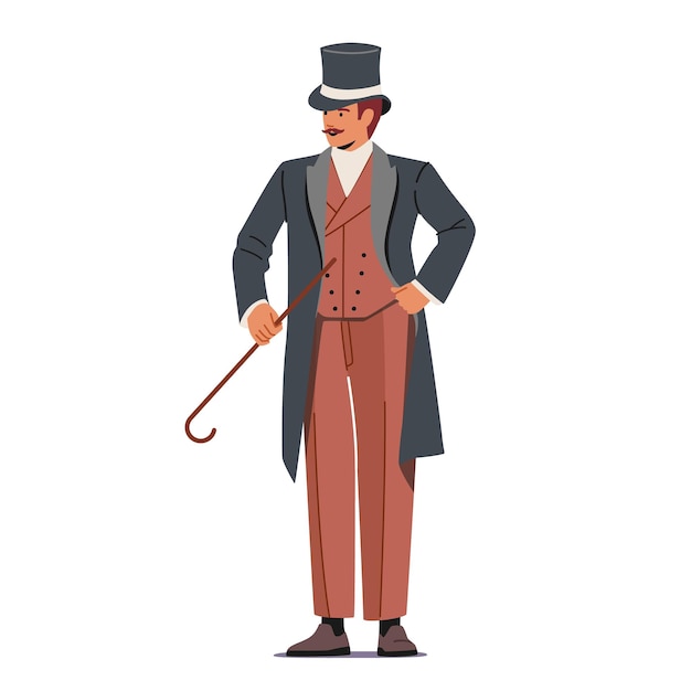 Elegant Proud Man of Victorian Era. Gentleman in Frock Coat, Top Hat Hold Cane in Hand Isolated on White Background. Fashioned Dandy Mustached Aristocrat Male Character. Cartoon Vector Illustration