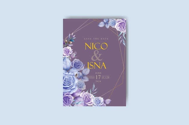 Elegant purple background wedding invitation design with floral and leaves