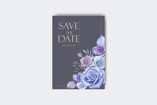 Elegant purple background wedding invitation design with floral and leaves