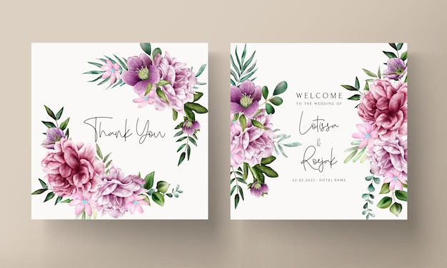 elegant purple watercolor floral wedding invitation card template