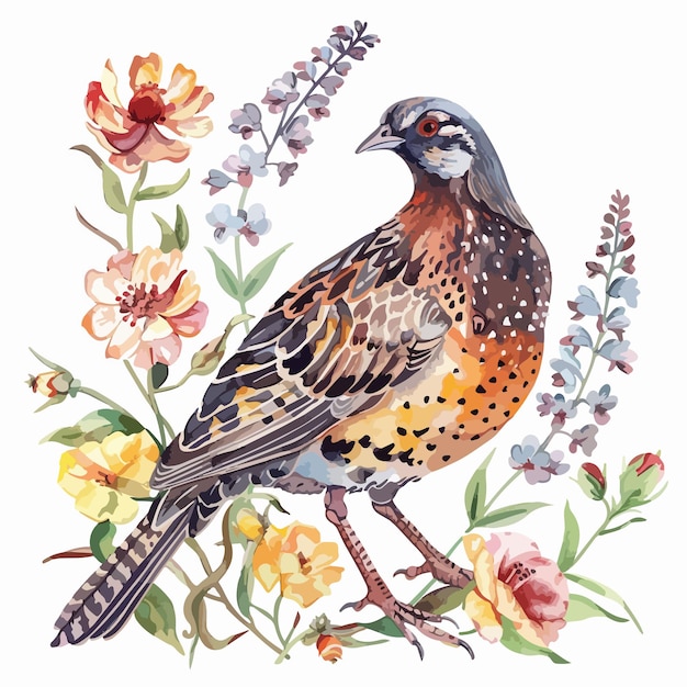 Elegant Quail Floral Watercolor Illustration