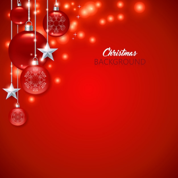 Elegant red Christmas background with Christmas balls, stars and sparks.