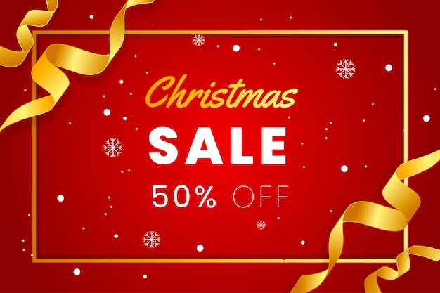 Elegant red Christmas sales banner with gold ribbon