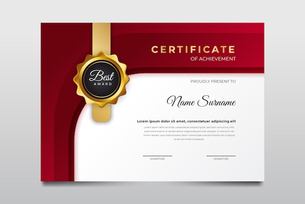 Elegant red and gold color appreciation achievement certificate template design suit for student employee winner and much more Premium Vector