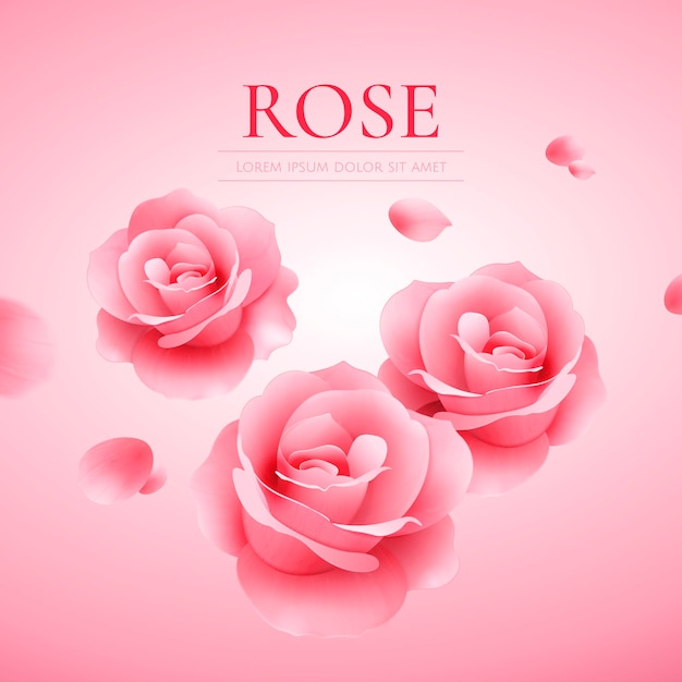 Elegant rose flowers set with flying petals in 3d illustration