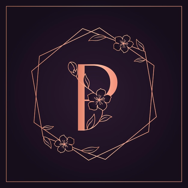 Vector elegant rose gold p letter floral frame vector