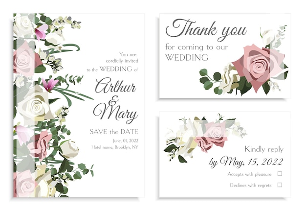 Elegant roses, jasmine, magnolia and eucaliptus wedding invitation card set