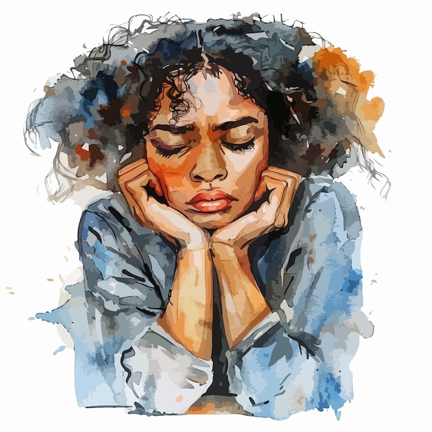 Vector elegant sad black woman watercolor clipart isolated