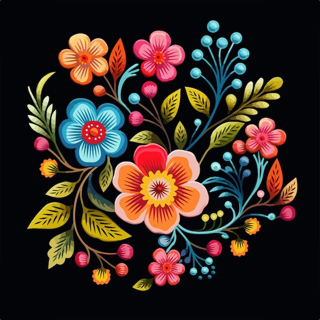 Vector elegant satin stitch embroidery design with flowers