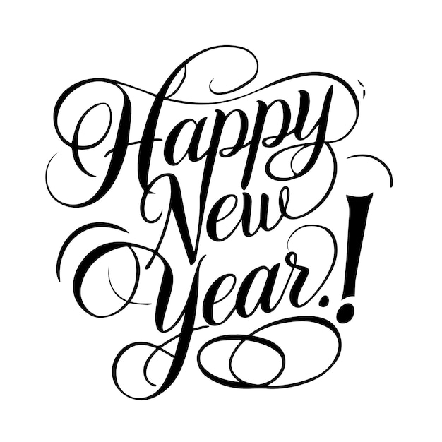 Vector elegant script happy new year typography with flourishes on white background