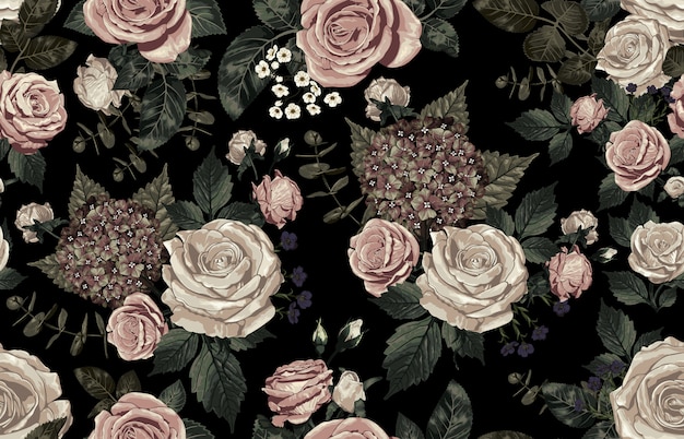 Elegant seamless pattern of blush toned rustic flowers