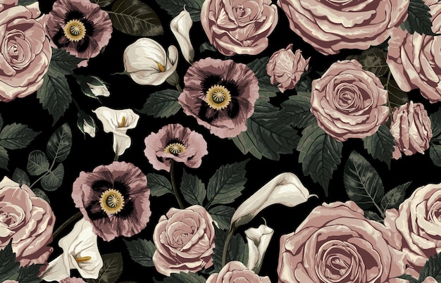 Elegant seamless pattern of blush toned rustic flowers